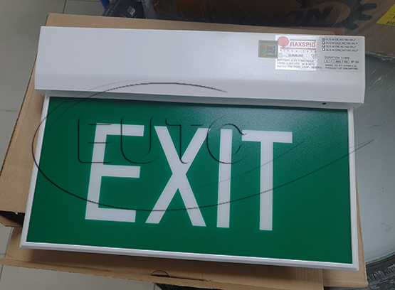 1.5W LED emergency exit light with 3-hour battery pack. EXIT shape (2 sides), with fire protection stamp